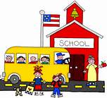 School House and School bus with students School House and School bus with students
